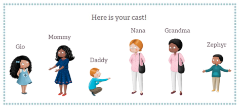 Cast of personalized book for kids by Snowflake Stories, LLC