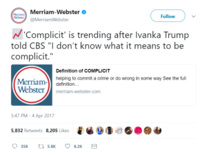 Merriam-Webster Tweet with definition of complicit